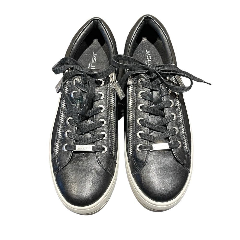J/SLIDES Black Leather Side Zippers Lace Up Platform Sneakers Low Top Size 9 EUC